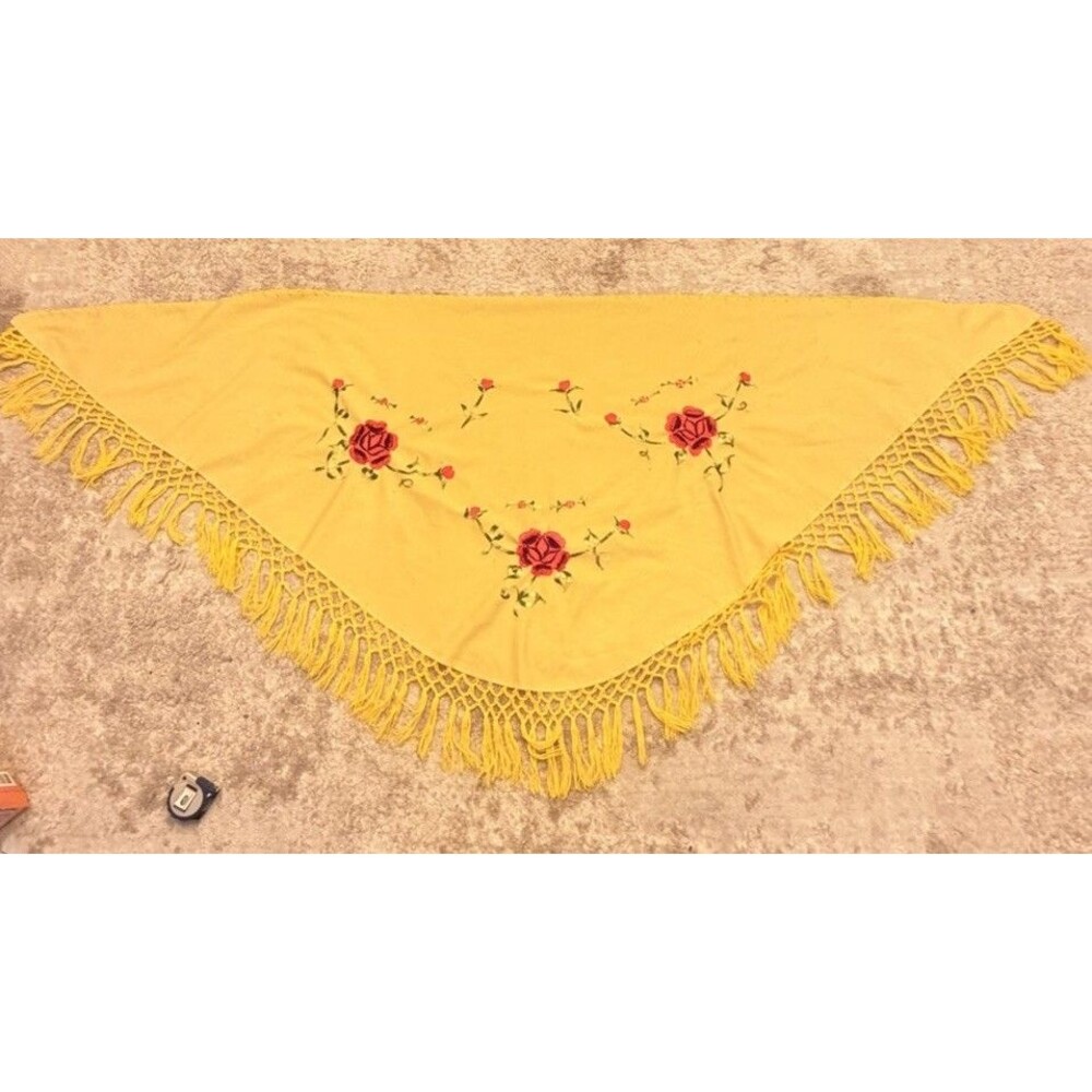 Vintage Handmade Crochet Embroidered Floral Yellow Shawl Wrap Mexican 75 X 33 C1